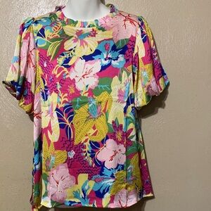 8. JODIFL size M Vibrant Floral Short Sleeve Blouse - Pink, Yellow, NWT